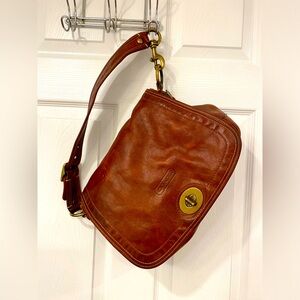 Coach leather shoulder purse with satin striped interior